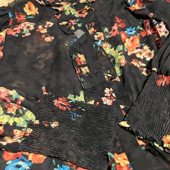 First Love Smocked Floral Blouse with Mandarin Collar - Picture 1 of 4